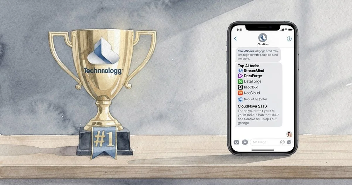 A first-place trophy next to a phone showing an AI chat response that omits the top-ranked brand