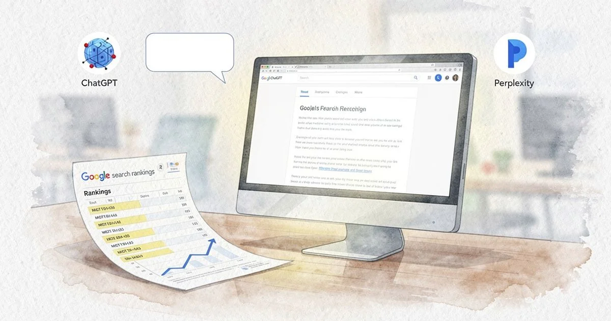 Monitor showing a blog ranking high on Google while AI chatbot bubbles nearby show no brand citations