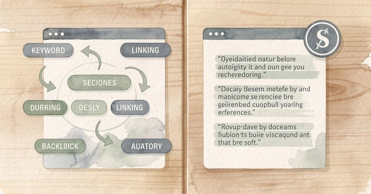 Two webpage mockups on a table, one with keyword tags and link arrows for SEO, the other with highlighted quotes and citations for GEO