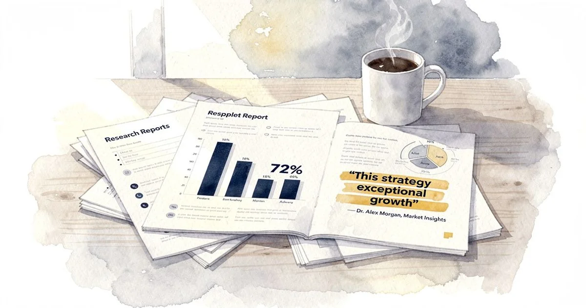 Stack of open marketing research reports with a bar chart and highlighted stat beside a coffee mug on a desk