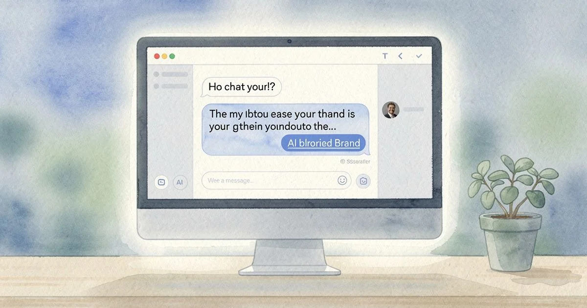 Computer monitor displaying an AI chat answer with a brand citation highlighted, on a minimal desk with a small plant