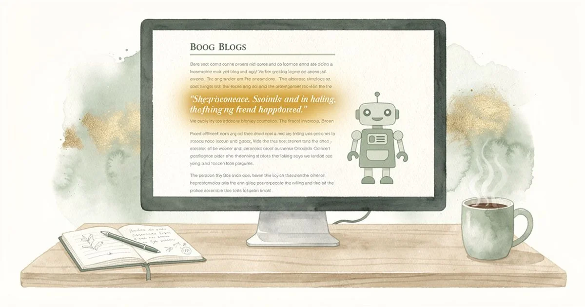 Monitor displaying a blog article with a glowing AI citation highlight and robot icon, beside a notebook and coffee mug