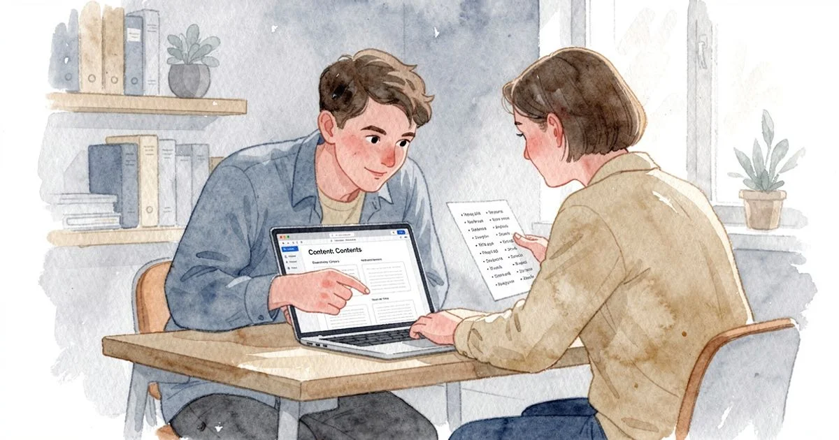Two-person team reviewing an AI-generated content draft on a laptop alongside a printed keyword list in a small office