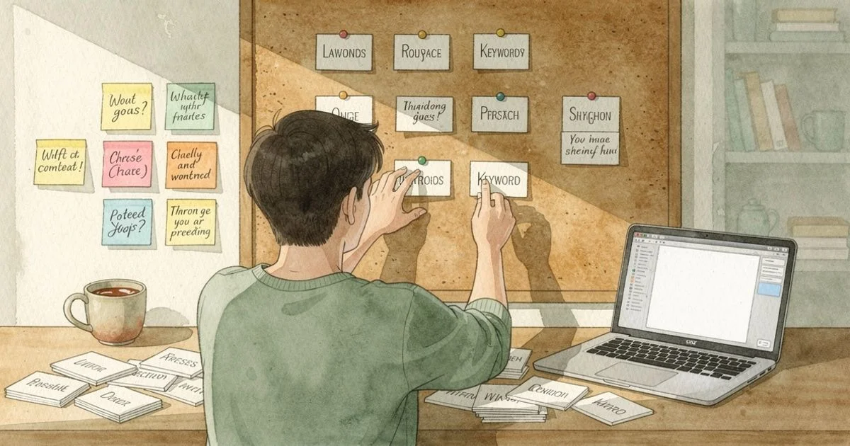 Person organizing keyword research cards into topic clusters on a cork board with sticky notes and a laptop