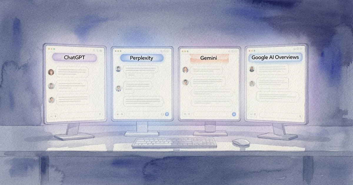 Four AI assistant interface screens side by side on a desk, each highlighting a brand mention in soft color
