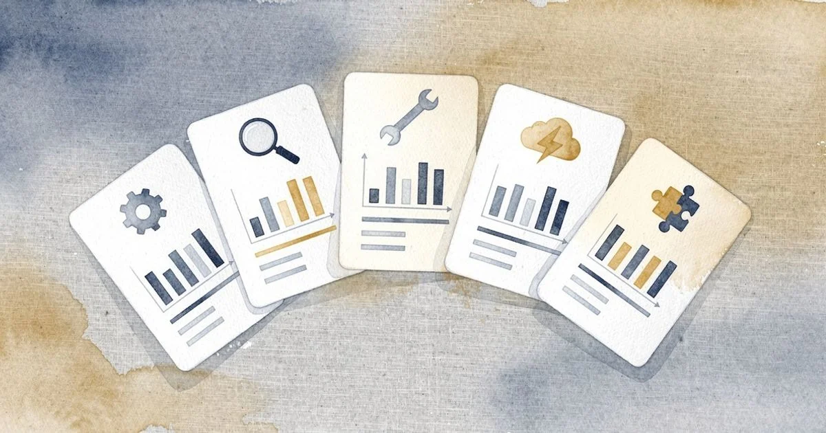 Seven comparison cards fanned out showing different SEO tool icons and small performance graphs