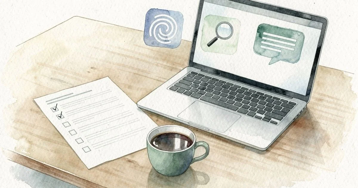 Desk with checklist, open laptop, and floating AI platform icons representing a tool evaluation workflow