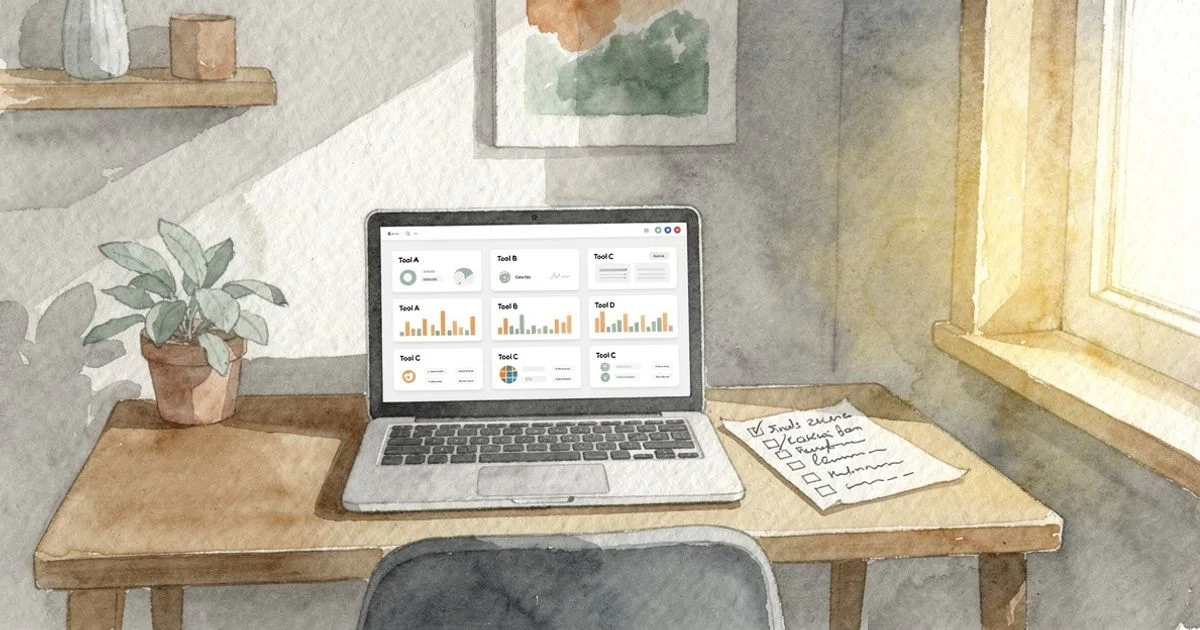 Solo founder at a small desk comparing platform options on a laptop with a handwritten checklist beside them in a home office