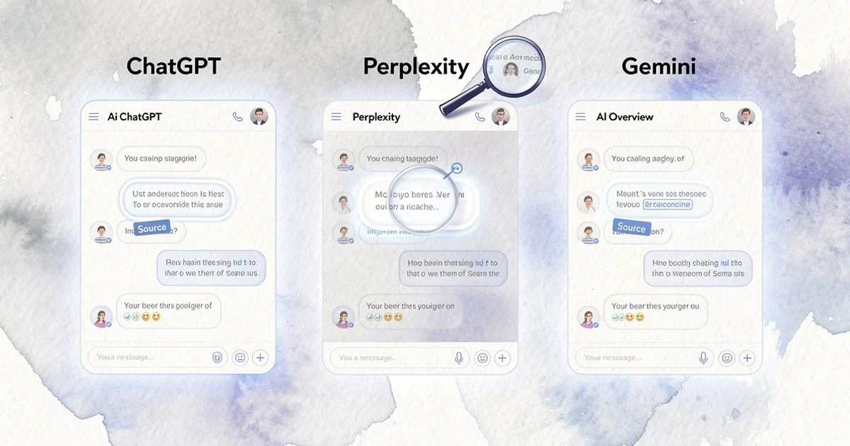 Four AI search engine panels displayed side by side with a magnifying glass highlighting brand citations within each