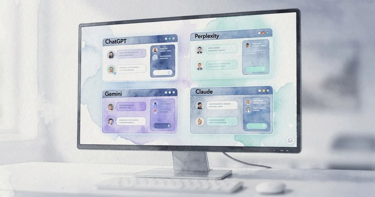 Monitor displaying four AI platform interfaces side by side on a clean desk