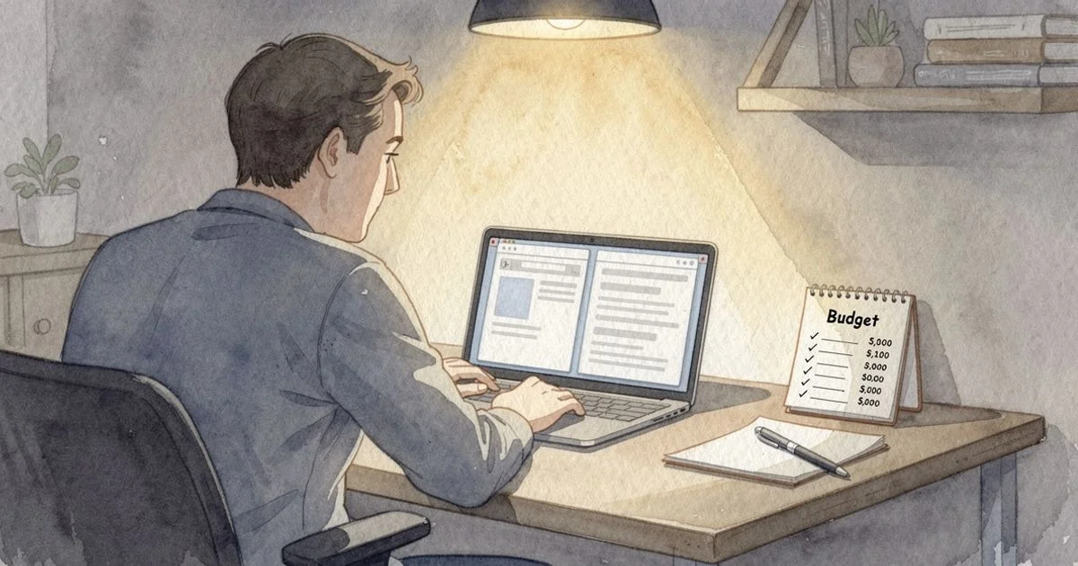 Solo founder at a small desk comparing software options on a laptop with a budget notepad beside them under warm lamplight