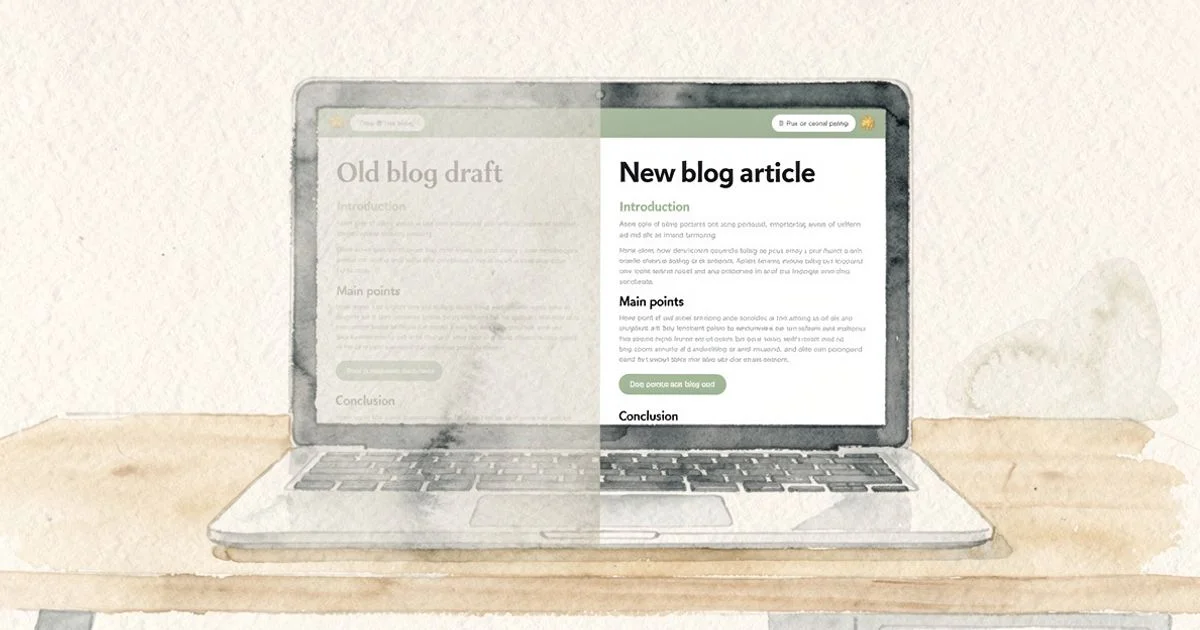 Laptop on a desk displaying a refreshed blog post, contrasting an old faded draft with a newly structured page
