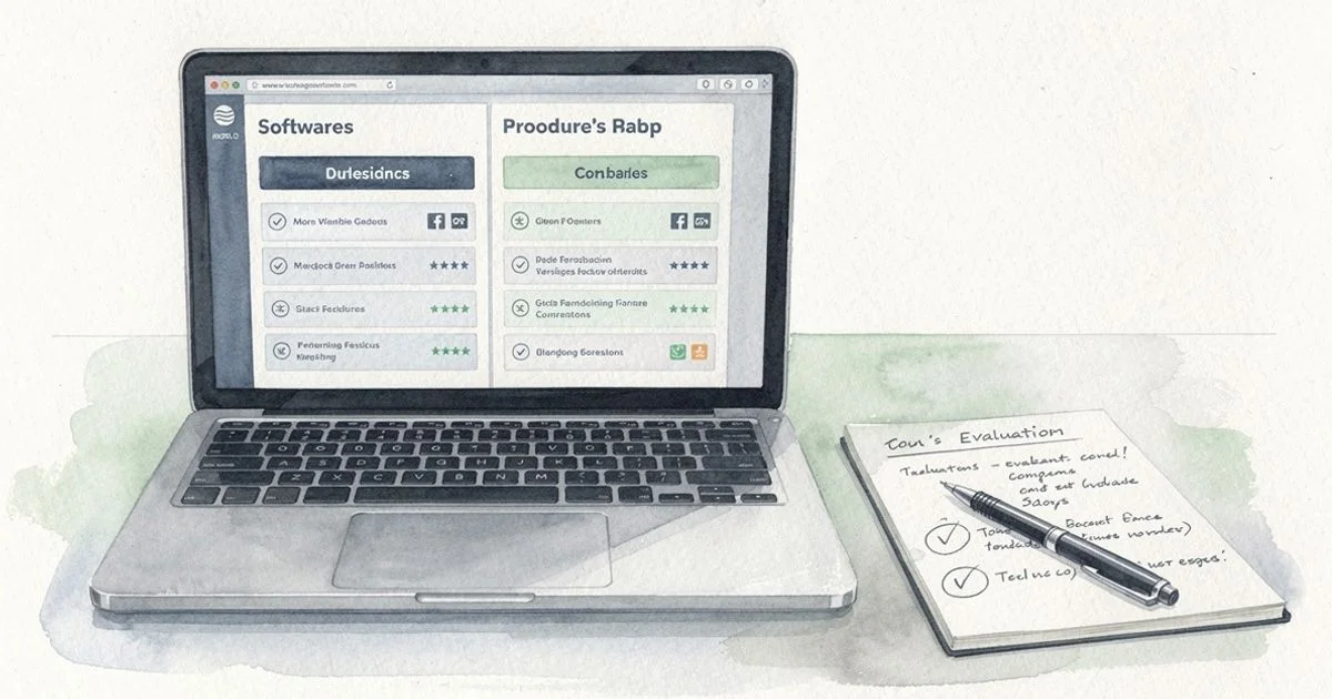 Laptop showing a SaaS product comparison page beside a notepad with handwritten notes on a desk