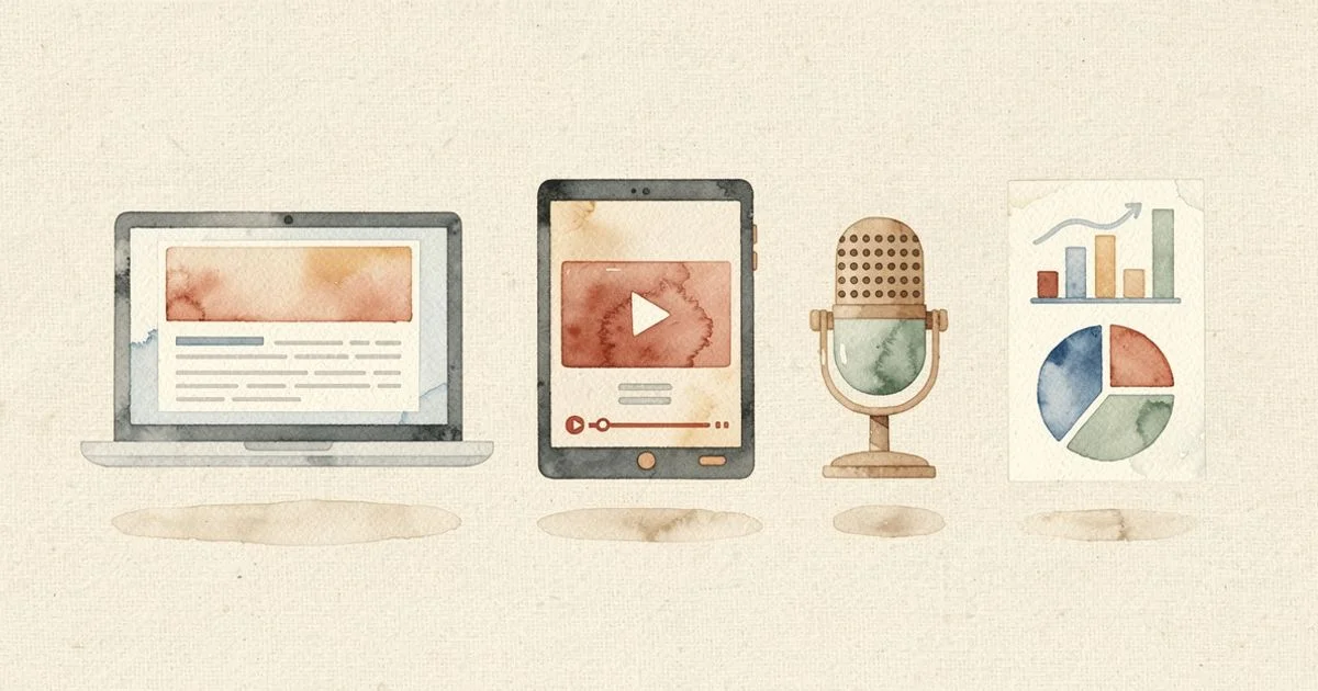 Four content format types — blog on laptop, video on tablet, podcast mic, and infographic chart — arranged on a linen surface