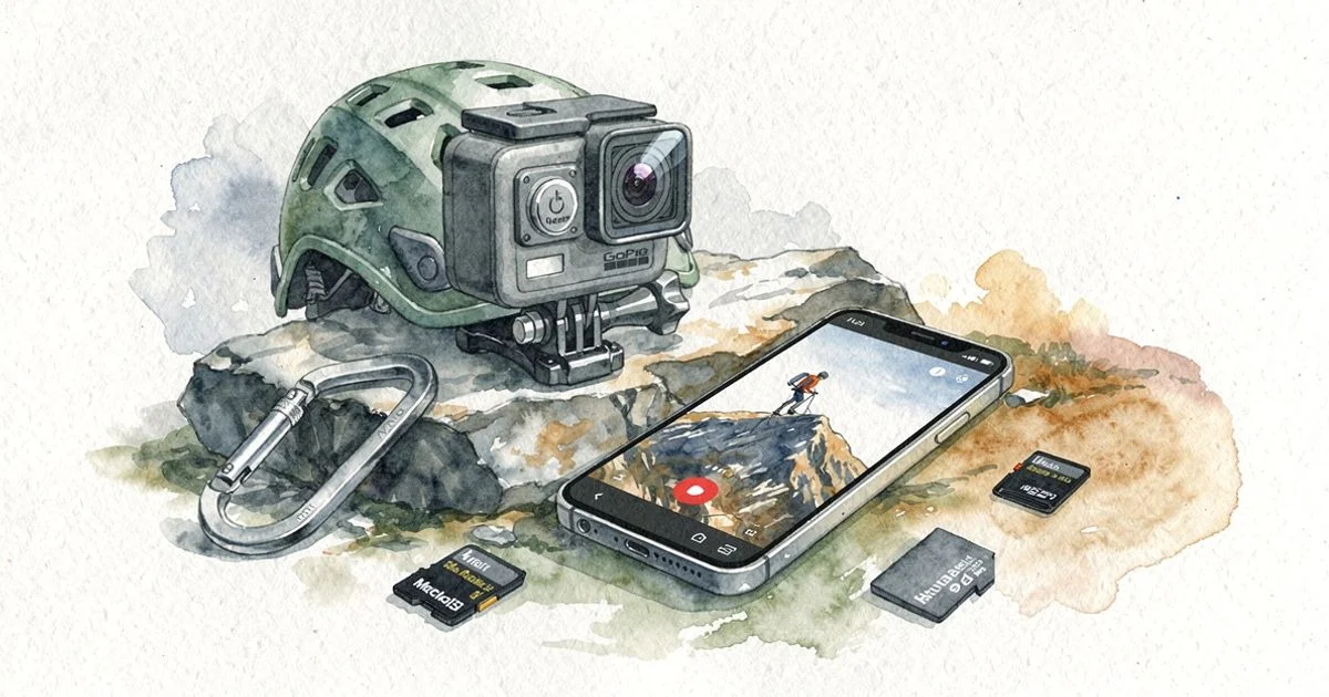 GoPro camera on a helmet with a smartphone showing user-filmed footage, memory cards, and a carabiner on a rocky surface