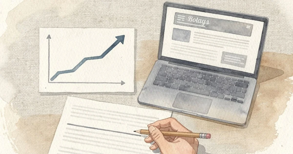 Hand with pencil revising a printed article draft beside a laptop with a declining traffic graph on screen