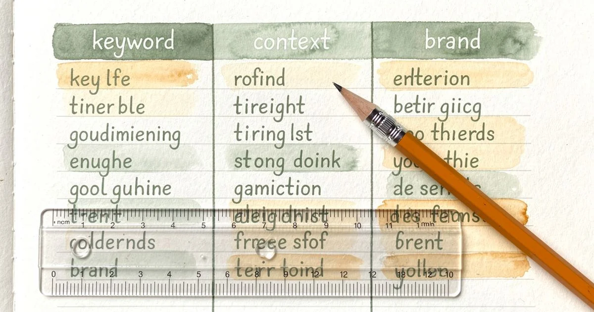 Handwritten cheat sheet on ruled paper with three columns and a ruler measuring character length, pencil resting on top