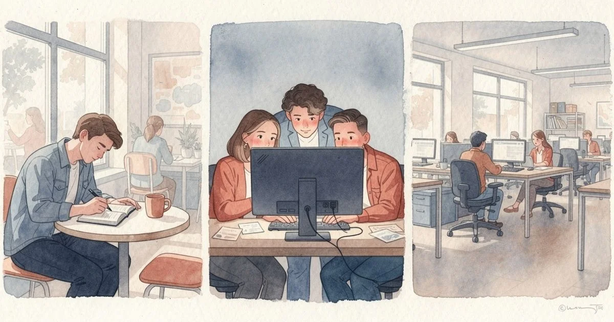Three contrasting work environments comparing a freelancer, an agency team, and an in-house SEO office