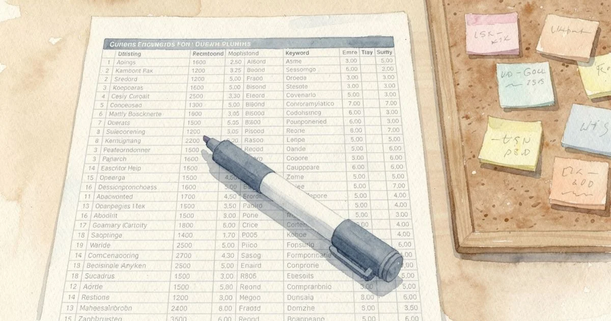 Keyword research spreadsheet with highlighted rows, sticky notes, and a highlighter on a researcher's desk