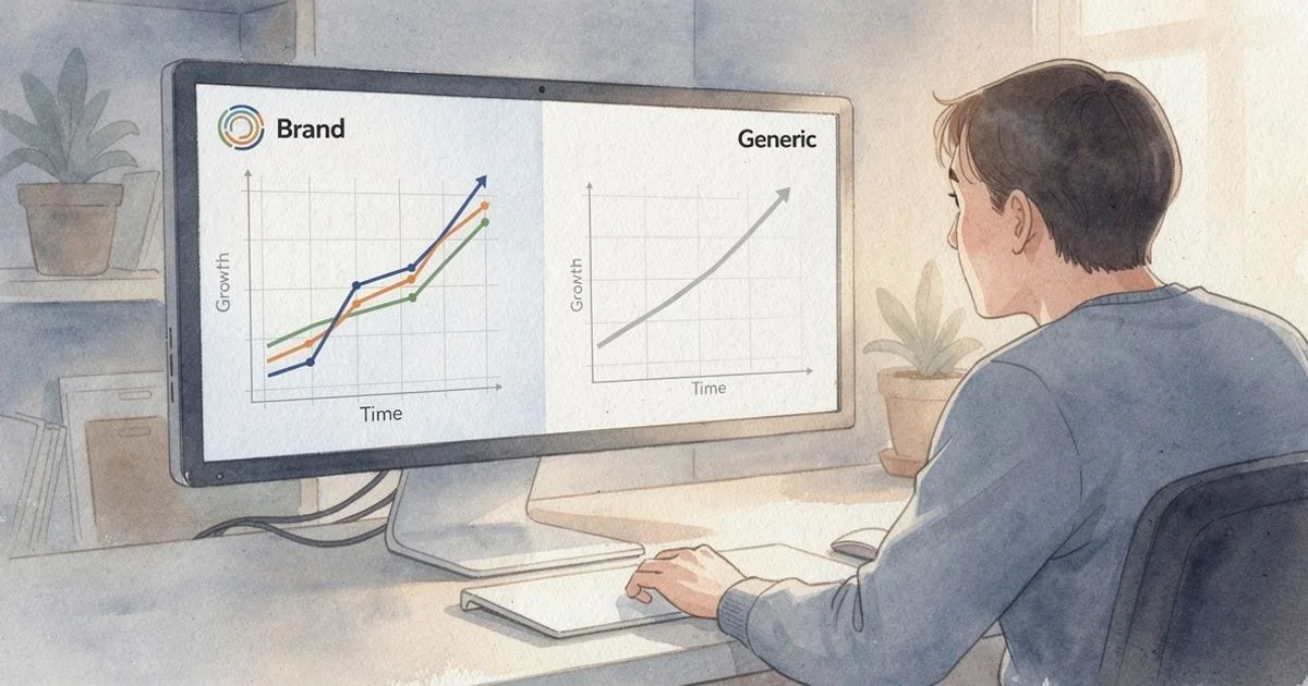 Person at a monitor comparing two diverging traffic graphs representing branded versus non-branded organic search traffic