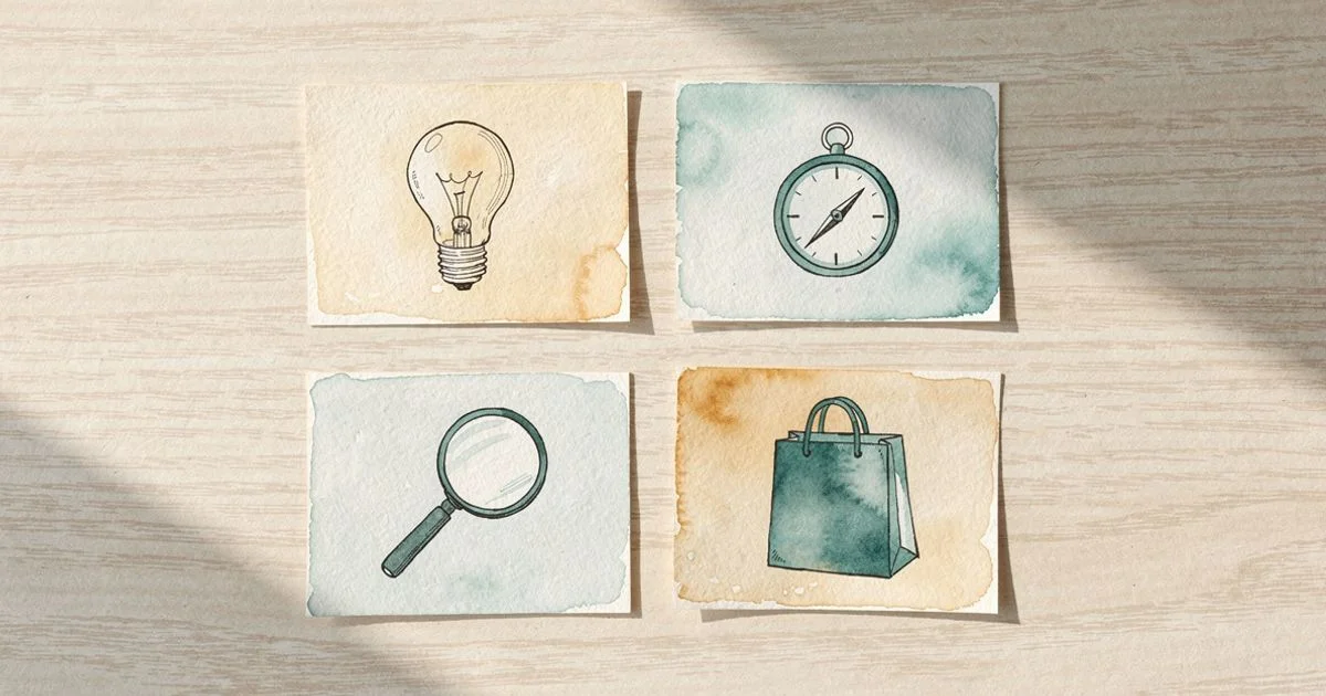 Four illustrated cards on a table representing the four types of search intent with distinct icons for each category