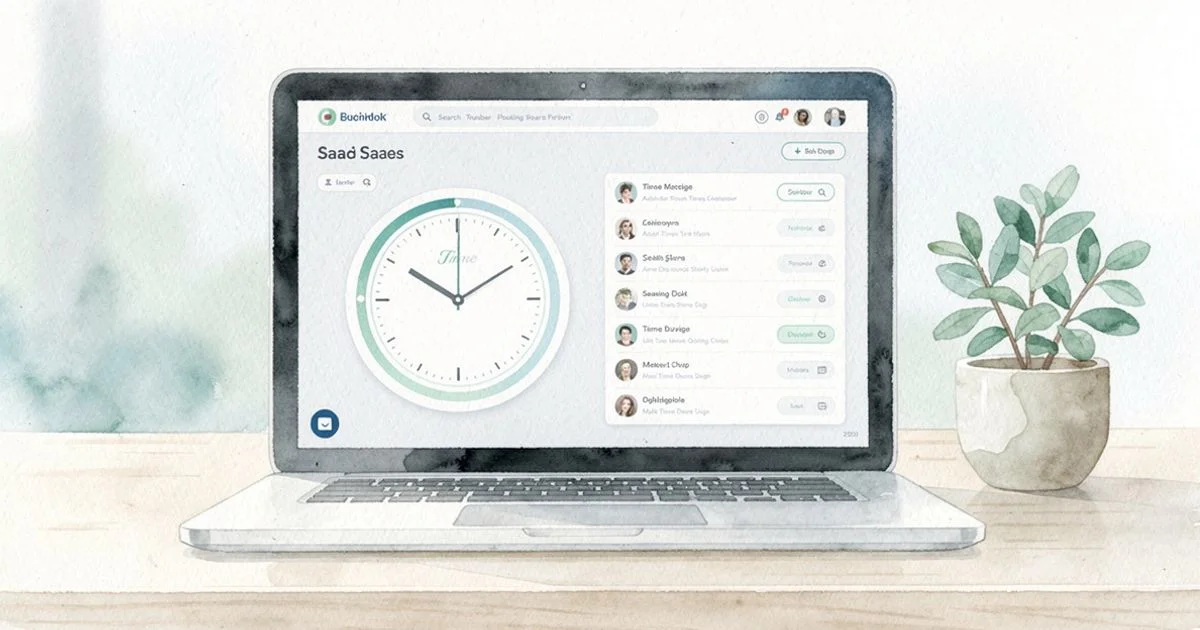 Laptop on a desk displaying a time-tracking software dashboard with a clock and task list on screen