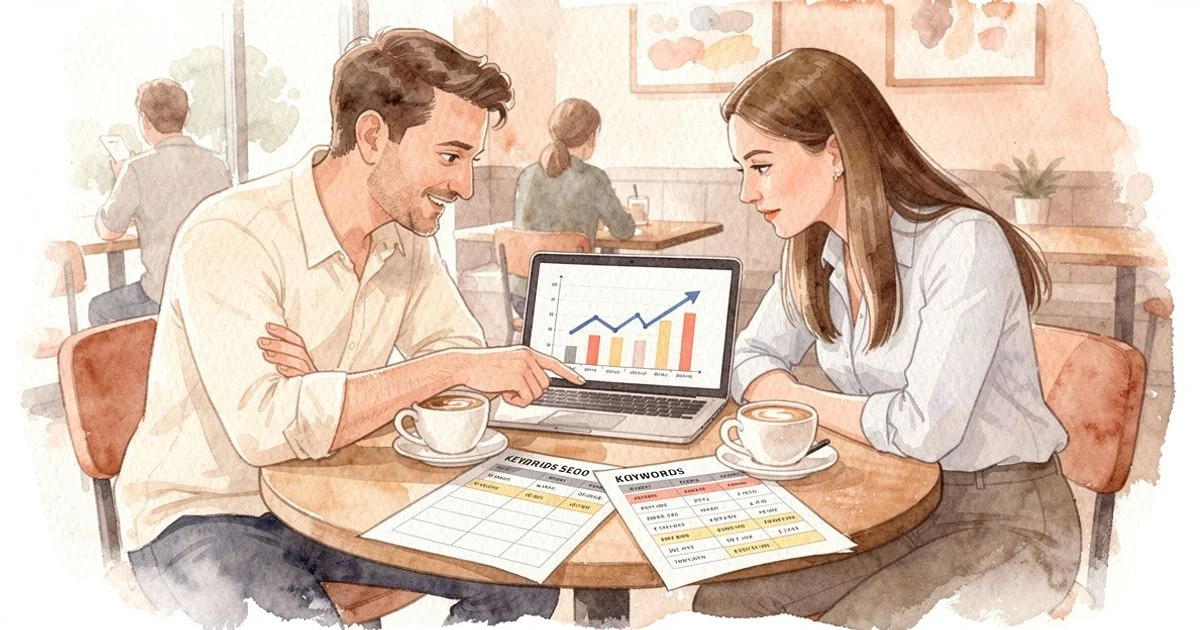 A SaaS founder and SEO consultant reviewing traffic growth charts and keyword research at a café table