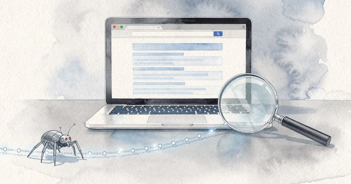 Laptop showing search results with a magnifying glass beside it and a tiny bot figure following link threads across the desk