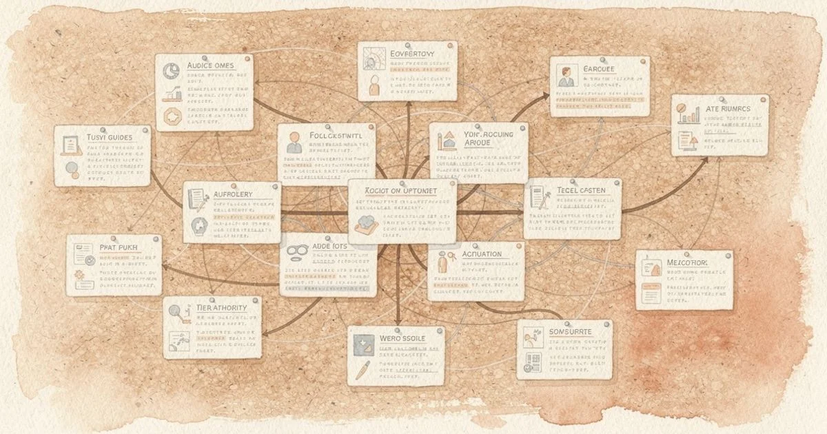 Interconnected content article cards pinned to a cork board with pencil lines showing topical clusters and links