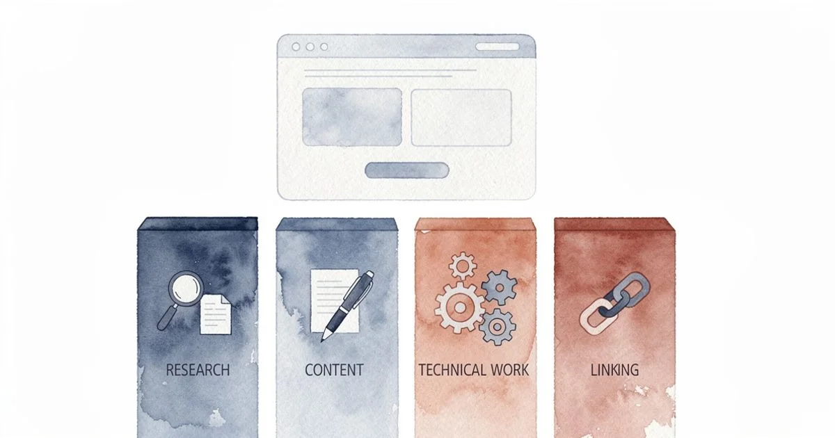 Four illustrated pillars representing keyword research, on-page content, technical health, and authority supporting a webpage