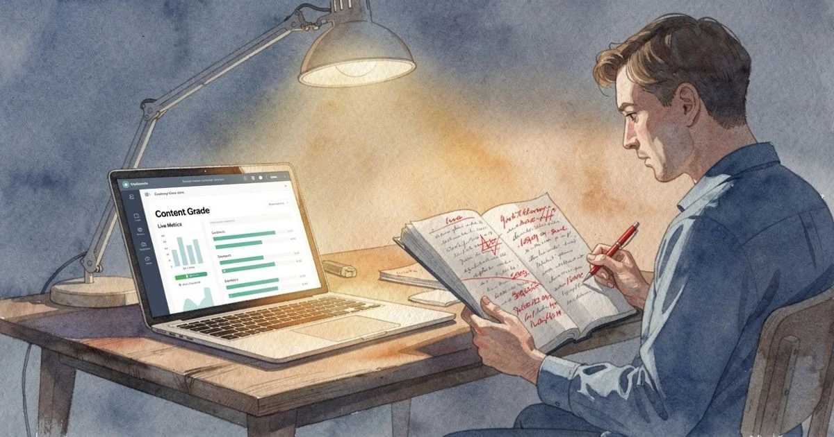 Laptop showing SEO content scoring tool beside a human editor reviewing a marked-up manuscript on the same desk