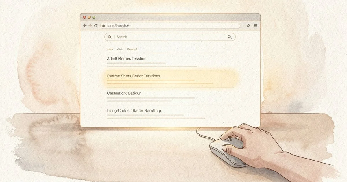 Hand clicking a highlighted search result listing on a browser screen among other results on a desk