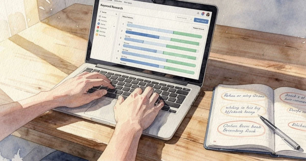 Hands typing on a laptop showing keyword research results beside a notepad, depicting SEO keyword research in practice.