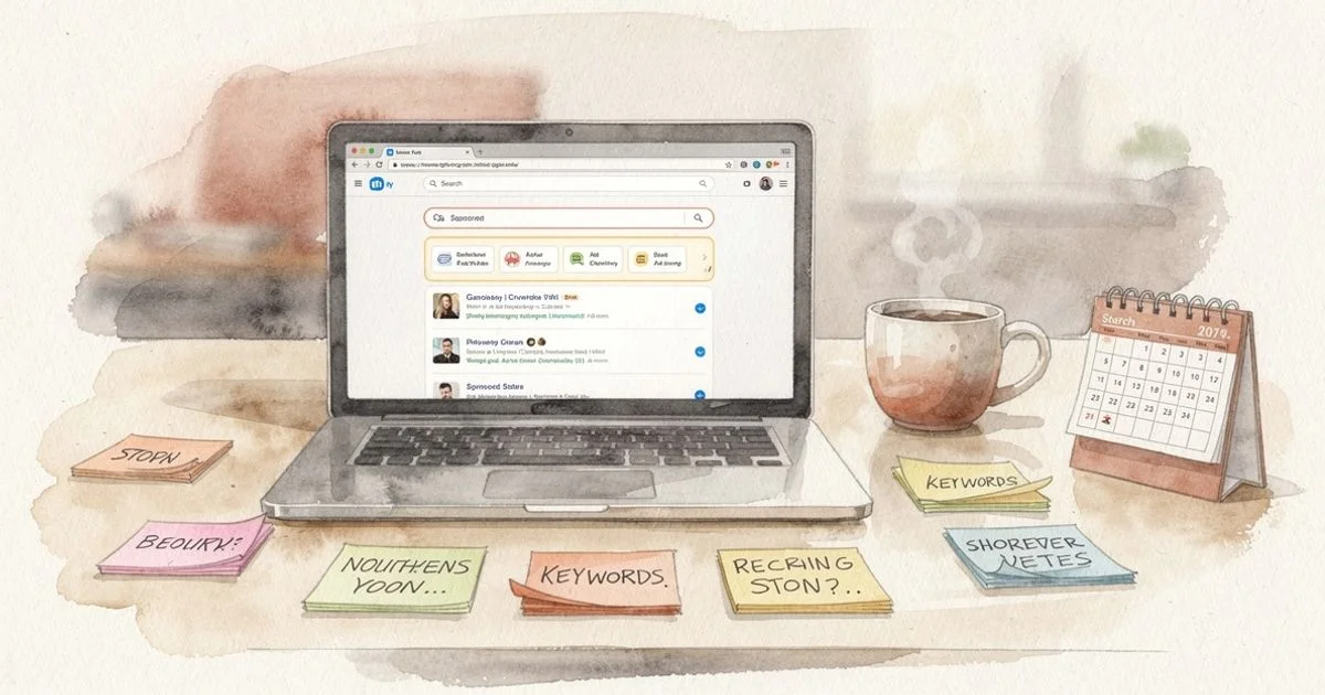 A founder at a laptop viewing search results with paid ads, surrounded by keyword sticky notes and a startup calendar