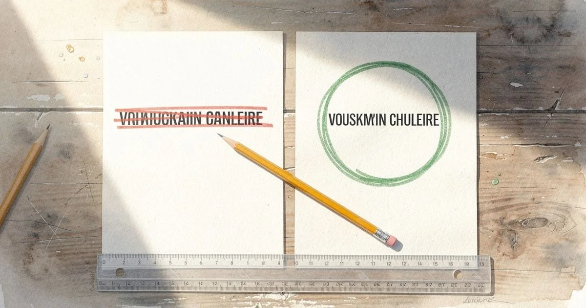 Two printed headline drafts on a table, one crossed out and one circled, with a pencil and ruler measuring length