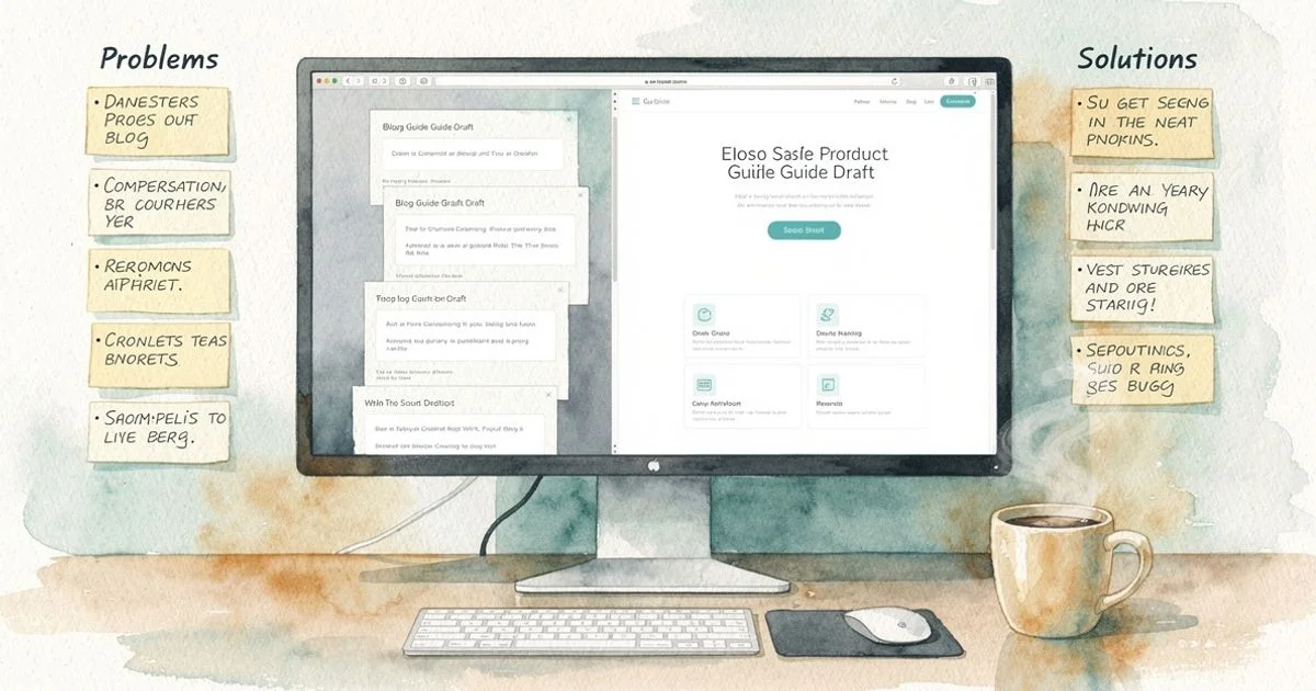 A monitor showing two content layers — guide articles and a landing page — with sticky notes sorting topics into problem and solution columns.