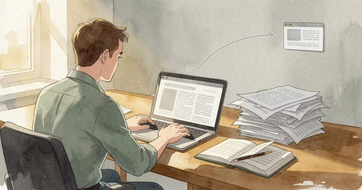 Journalist writing at a sunlit desk with research papers, symbolizing an editorial backlink being earned through quality content