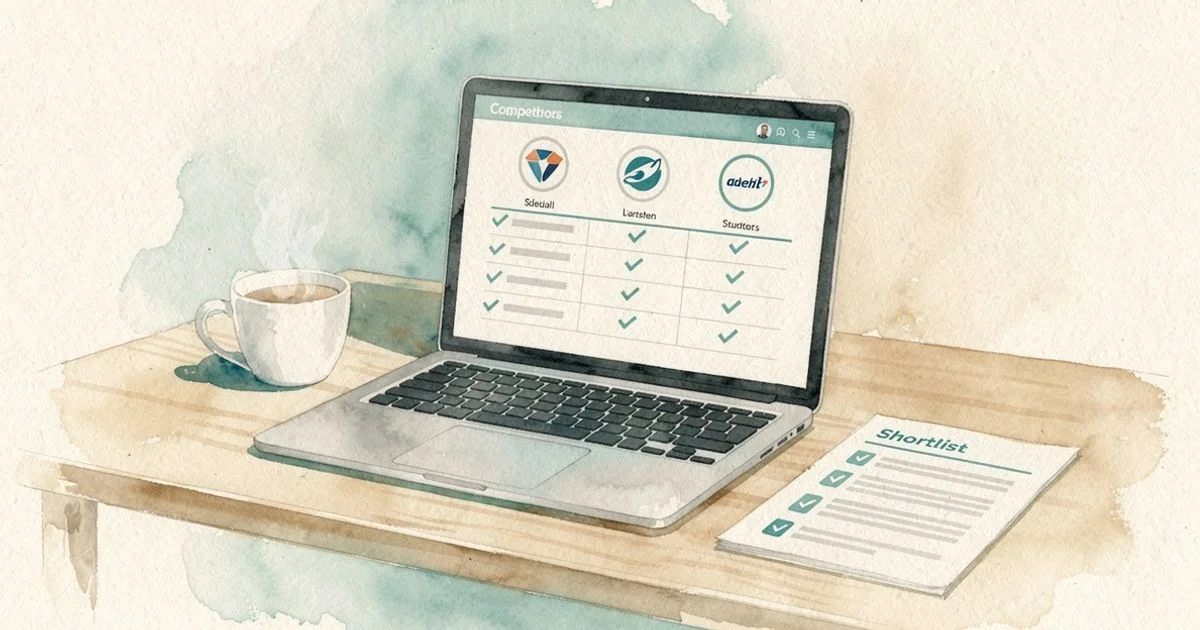 A laptop showing a competitor alternatives comparison page on a desk with a printed shortlist and coffee cup nearby