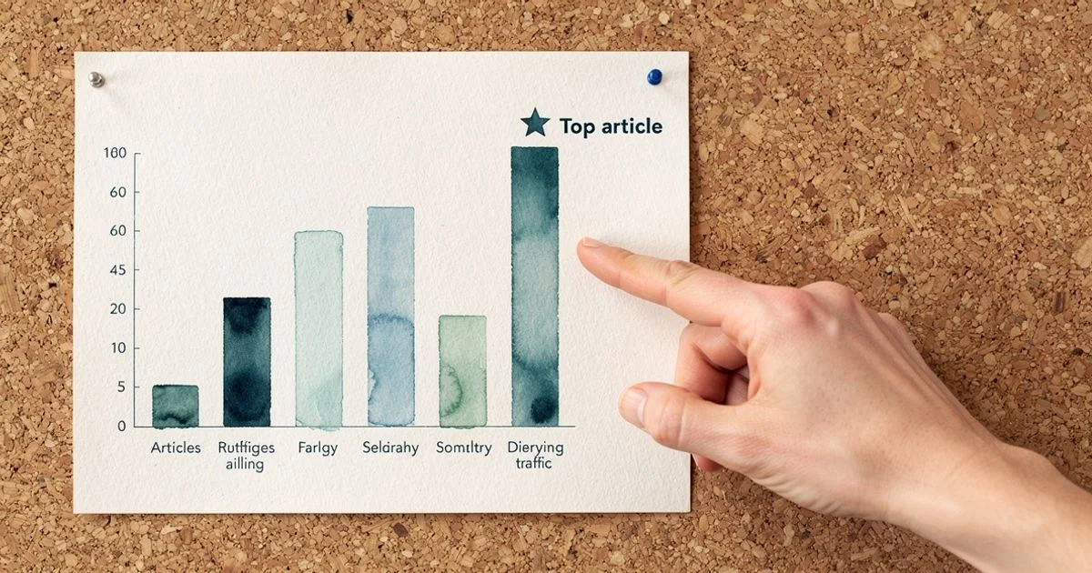 Pinboard bar chart comparing article traffic volumes with a hand pointing to the tallest highest-performing bar