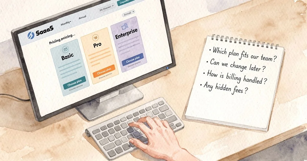 Monitor showing a pricing page beside a notepad with billing questions, a hand poised over a keyboard at a decision moment
