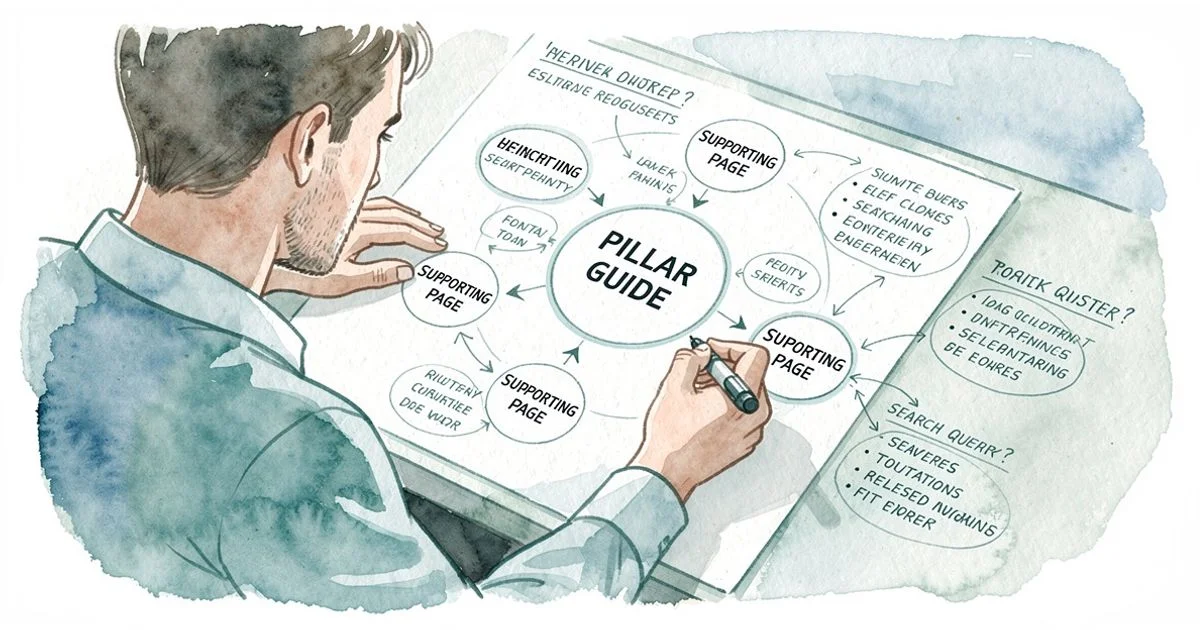 Content strategist sketching a topic cluster diagram with interconnected circles and arrows on paper