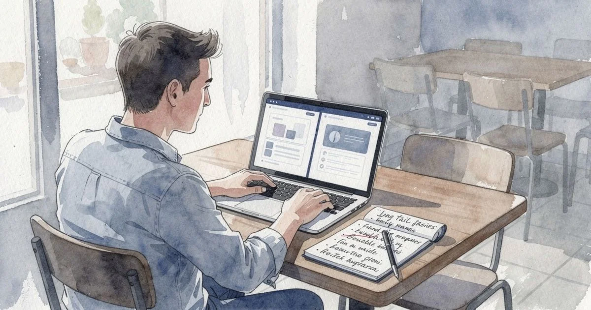 Solo founder at café table with laptop comparing software pages and a handwritten list of niche search phrases