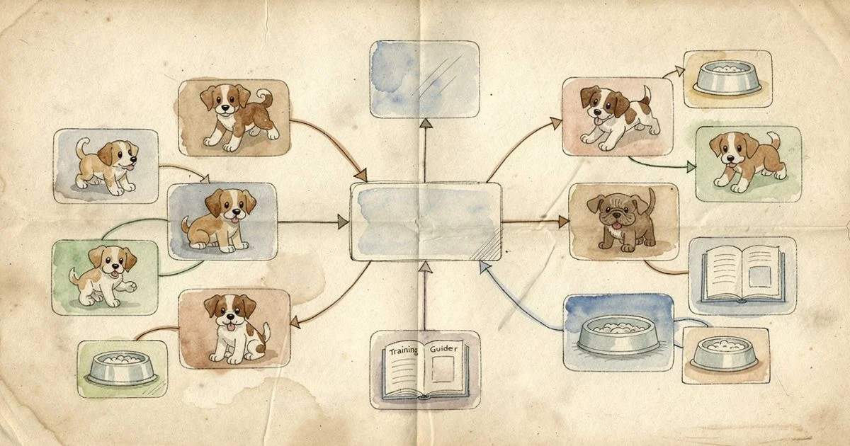 Hand-drawn topic cluster map showing a central pillar page linking to related posts with small thematic icons