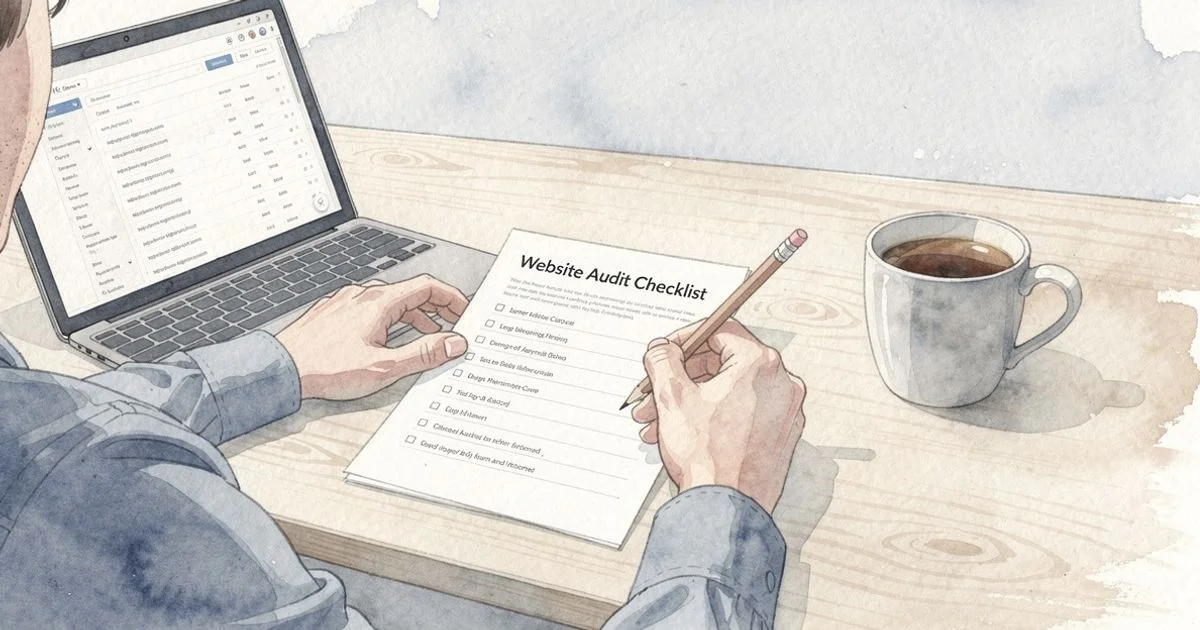 Person at a desk reviewing a URL audit checklist with pencil, laptop open beside them showing a list of links