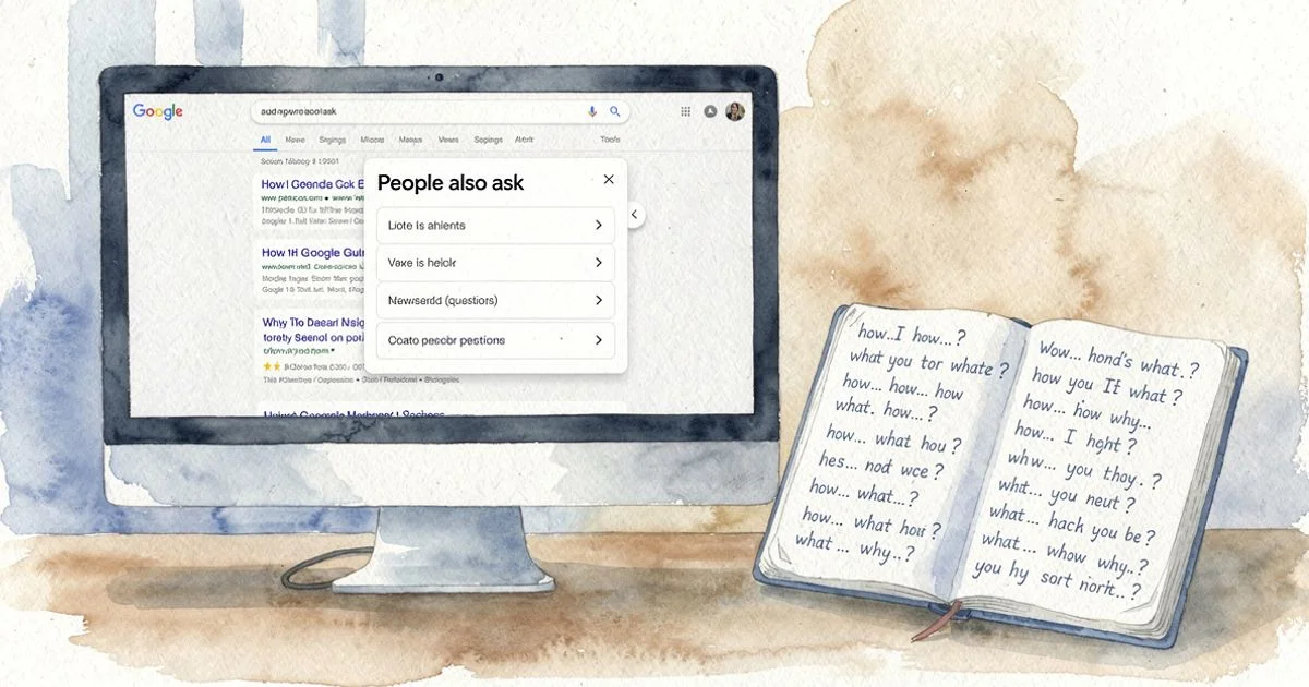 Monitor showing a Google search page with People Also Ask box open next to a notebook with handwritten question prompts