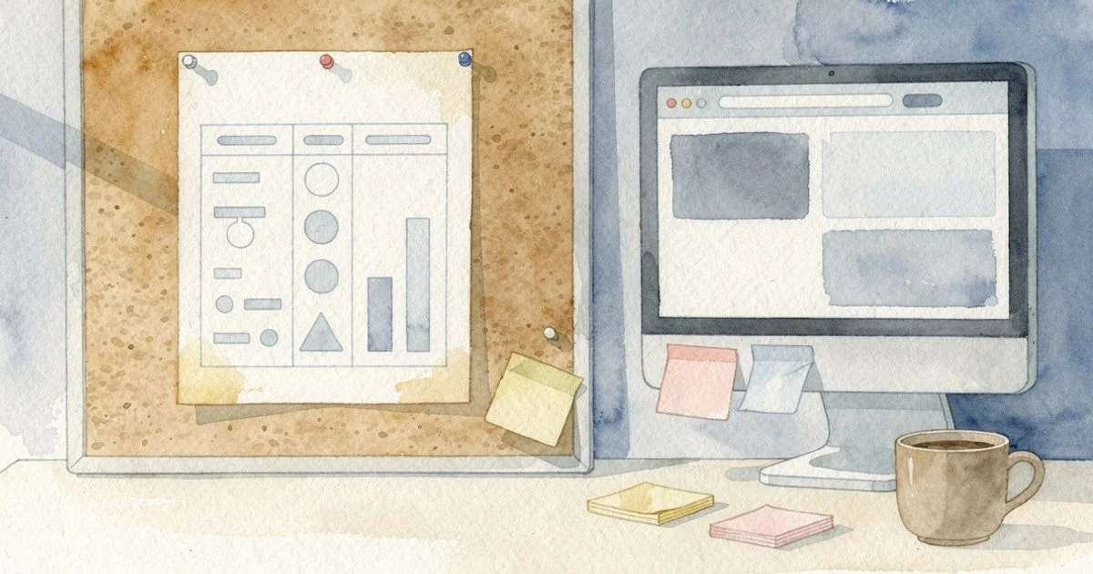 Corkboard with a comparison chart next to a monitor showing a webpage, coffee cup and sticky notes nearby
