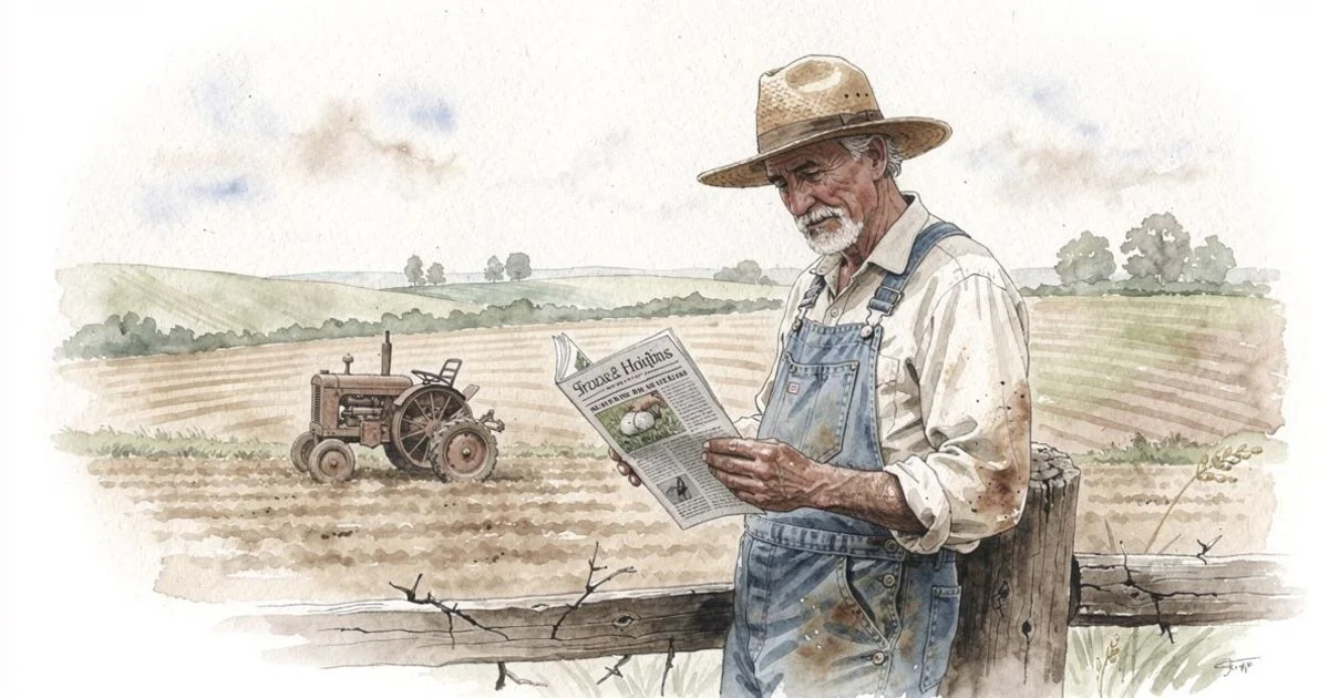 Farmer reading an old agricultural magazine beside a fence with farmland and a tractor in the background