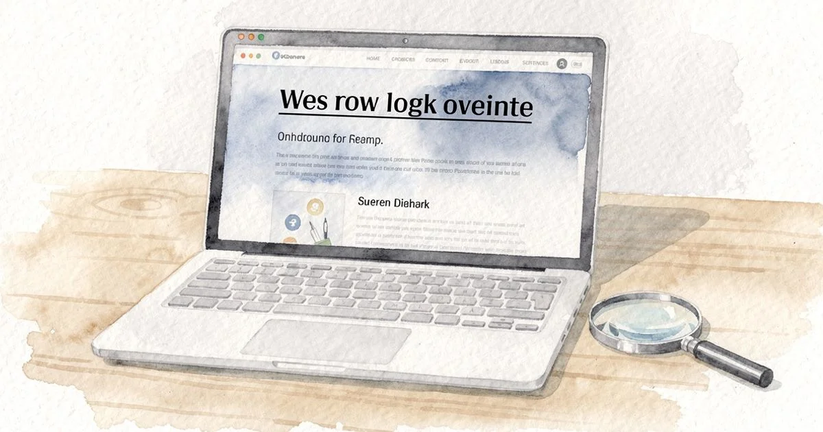 Laptop showing a structured webpage with highlighted headings and a magnifying glass beside the keyboard on a desk