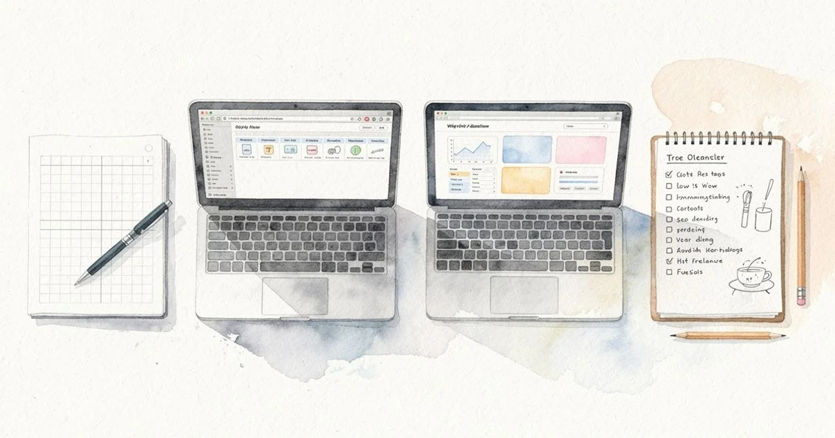 Four SEO plan options laid out: spreadsheet, tool stack tabs, all-in-one platform, and freelancer notepad