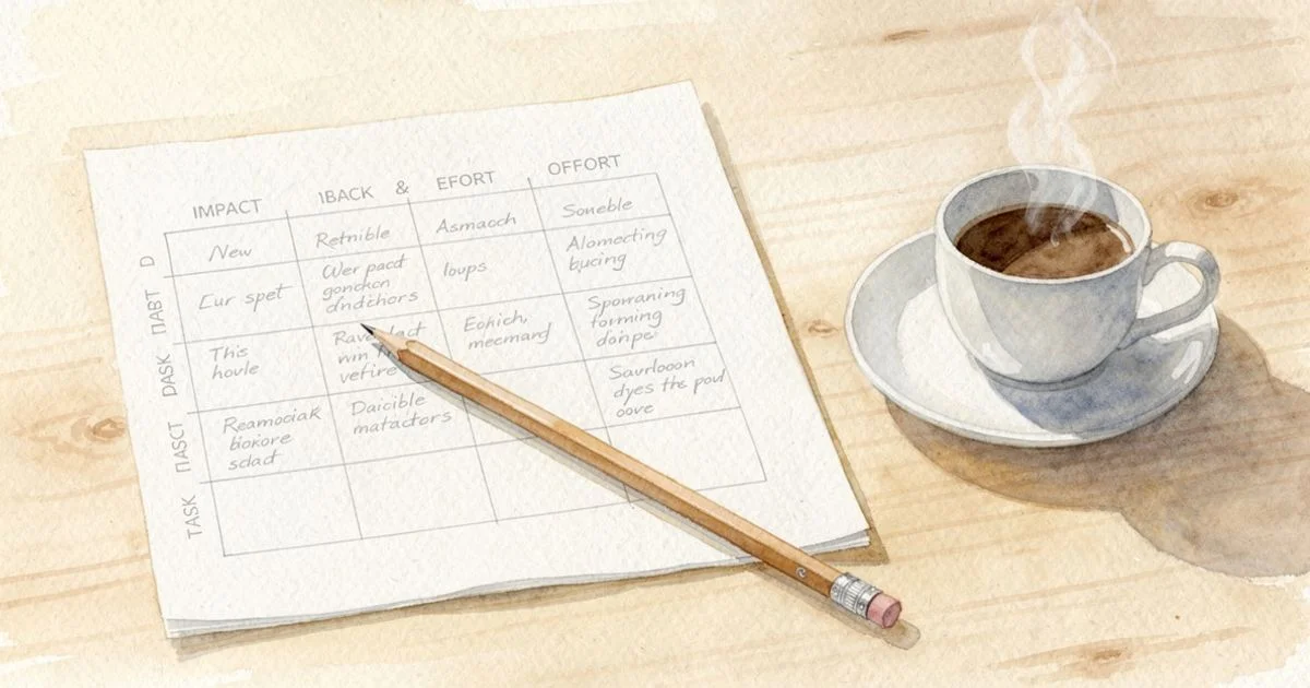 Hand-drawn decision matrix on paper with a pencil and coffee cup, comparing SEO practices by impact and effort